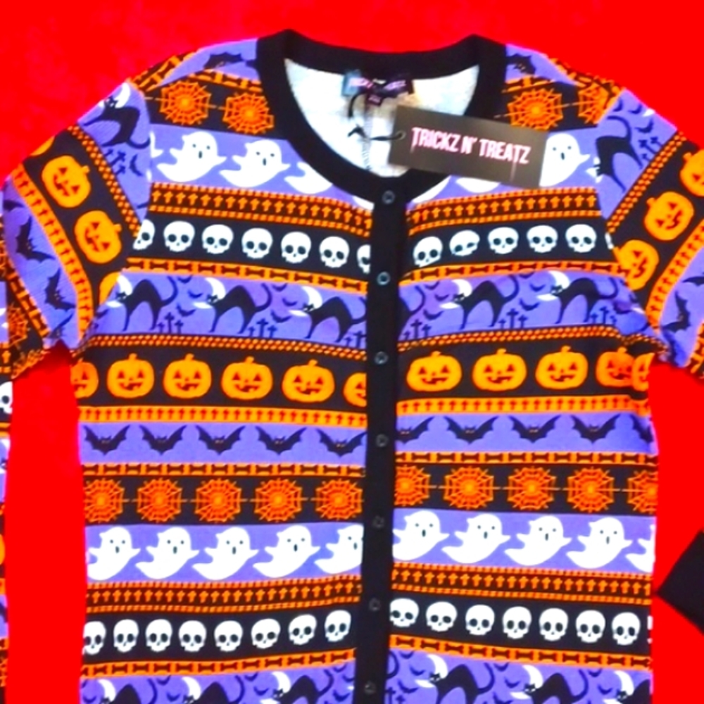 DOLLSKILL XXL TRICKZ N TREATZ HALLOWEEN PRINT LONG-SLEEVED ROMPER TO ANKLE